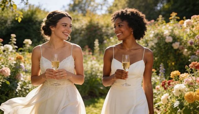 Two brides raising champagne flutes, clinking in sunlit garden of pastel blooms