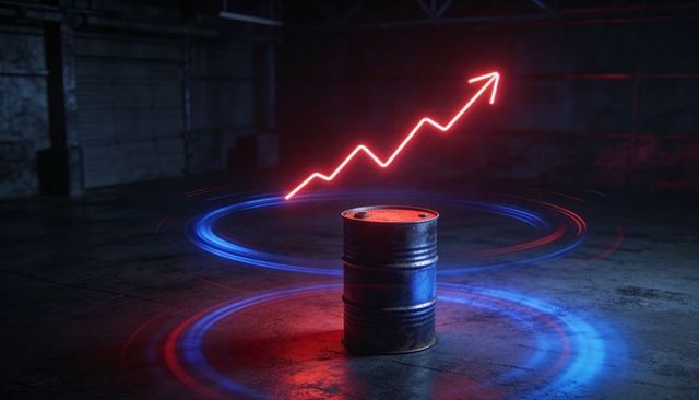 Weathered steel drum glowing amid neon upward arrow and orbital blue light rings