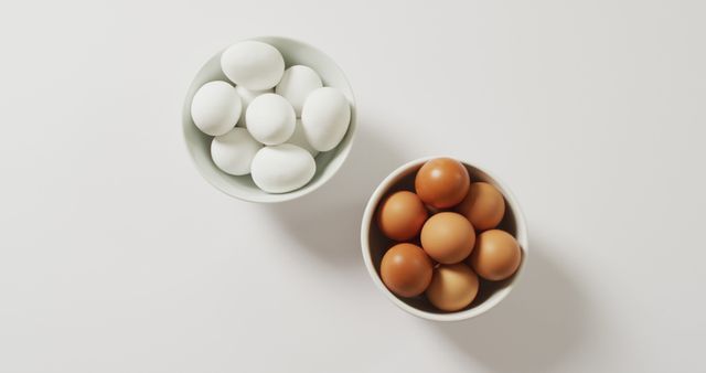 Showing contrast between white and brown eggs placed in bowls on white background. Ideal for use in advertising for farmers' markets, food blogs, organic food promotions, or illustrating concepts of diversity and choice in cooking and food preparation.