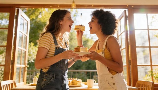 Friends feeding each other cake while laughing in sunny indoor-outdoor dining space