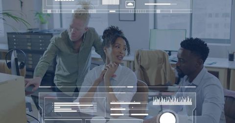 Woman leading diverse team around laptop with HUD dashboard overlay for collaboration
