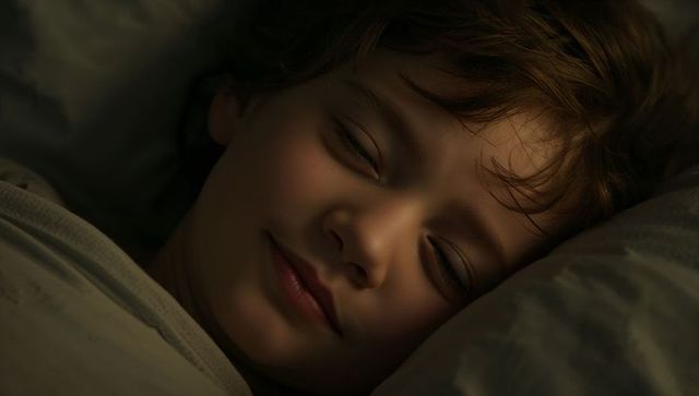Peaceful child sleeping with tousled brown hair closeup cozy bedtime portrait