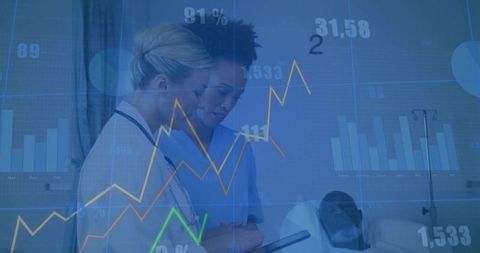 Doctor and Nurse Analyzing Data on Tablet with Overlaying Graphs