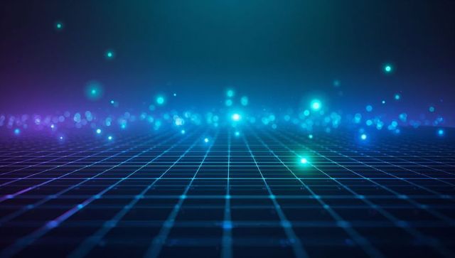 Futuristic Neon Grid with Floating Light Particles in Digital Space