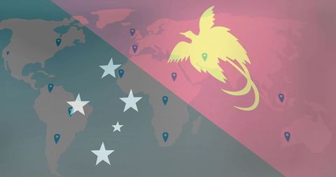 Soaring phoenix dominating duotone world map with global location markers, infographic
