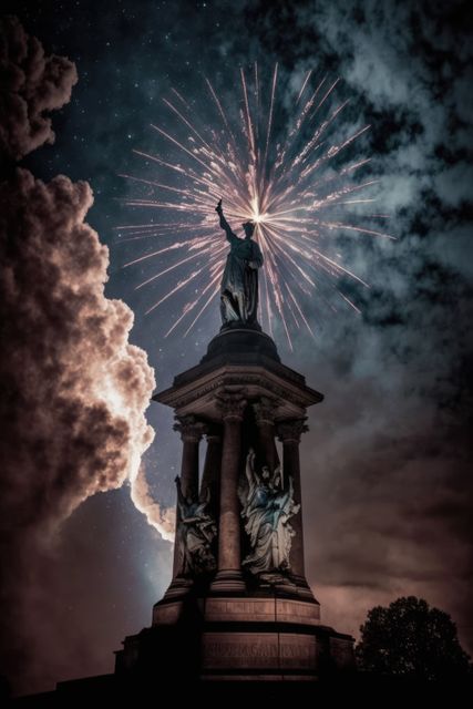 Statue illuminated by colorful fireworks display at night with dramatic clouds in background. Can be used for themes related to celebrations, monuments, urban landscape, national holidays, and artistic photography.