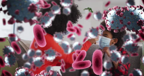 Animated Virus Cells Surrounding Mother and Son in Masks