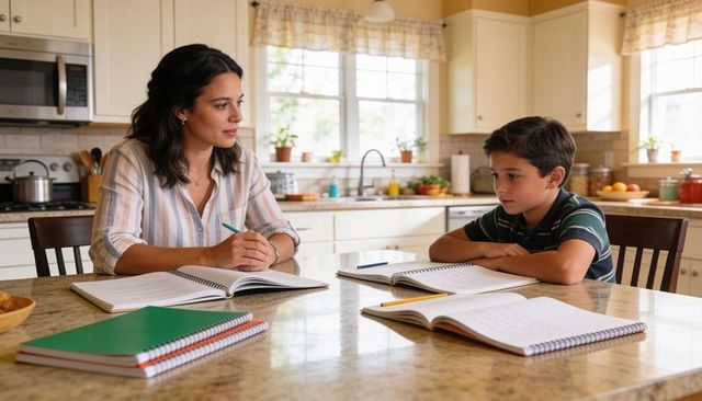 Sunlit kitchen tutoring: mother guiding son through homework at cozy home island