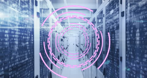 Futuristic Data Center with Digital Circles Overlay