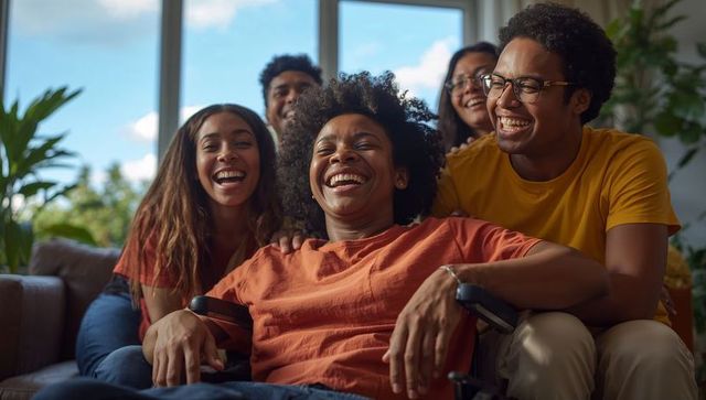 Laughing woman in wheelchair with friends celebrating inclusive accessible home living