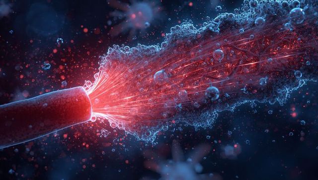 Fiber optic cable releasing neon red filaments into microscale fluid with cyan bubbles