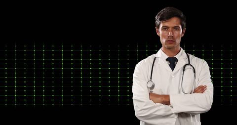 Caucasian doctor with stethoscope against digital heartbeat graph