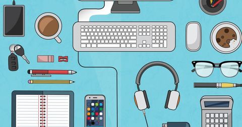 Tidy Workstation Layout with Office Supplies on Blue Background - Download Free Stock Images Pikwizard.com