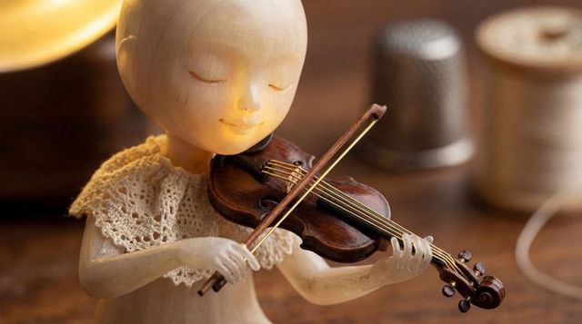 Handmade wooden figurine playing miniature violin with lace collar and vintage thimble
