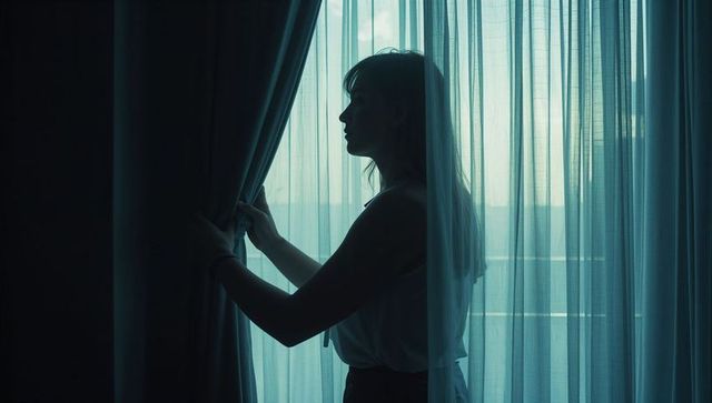 Silhouette woman standing by window holding curtain, sheer drapery filtering blue light