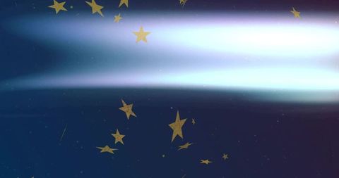 Glowing aurora blue ribbon with floating gold stars on deep space gradient