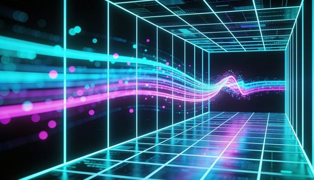 Magenta-cyan waveform traveling through neon grid tunnel with reflective mirrored panels