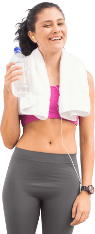 Smiling Athletic Woman with Towel and Water on Transparent Background