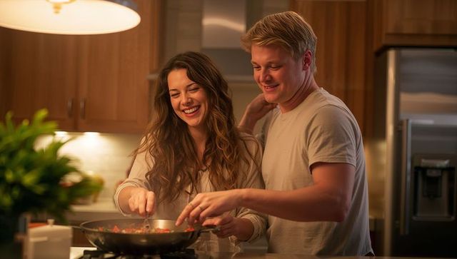 Couple cooking together in warm modern kitchen stirring pan and sharing laughs evening