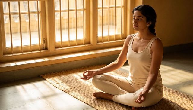 Serene woman meditating in sunlit room near wooden windows in beige activewear