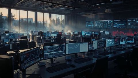 Modern online trading office with multiple workstations and stock displays