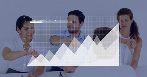 Team reviewing data with thumbs down reaction and transparent chart overlay
