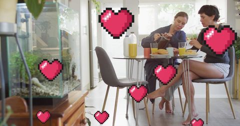 Romantic Morning with Couple Enjoying Breakfast with Pixel Hearts