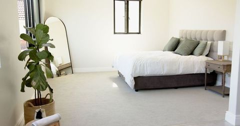 Modern Minimalist Bedroom with Beige And Green Accents