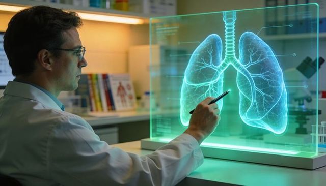 Doctor analyzing holographic lungs on transparent display with stylus in clinical lab