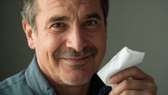 Smiling middle-aged man holding crumpled tissue closeup, denim shirt, warm expression