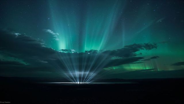 Aurora Borealis Meeting Searchlight Beams Over Reflective Wetland Nightscape