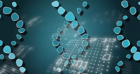 Glowing data helix highlighting turquoise nodes over binary grid and matrix visualization