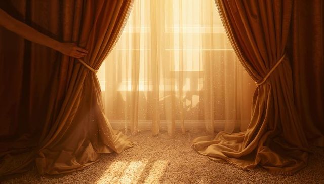 Pulling velvet drapes revealing golden sunlight and floating dust motes through window