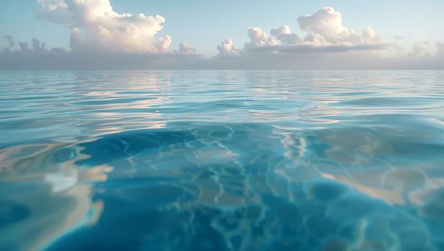 Serene Ocean Horizon with Cumulus Clouds Meeting Sky
