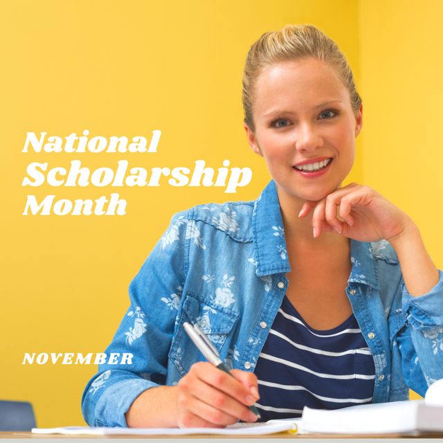 Composite of caucasian young woman studying and national scholarship month, november text. Portrait, yellow background, copy space, student, education, opportunity and awareness concept.