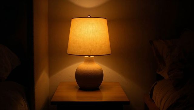 Warm ceramic table lamp casting amber glow on wooden nightstand between twin beds