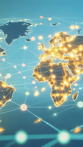 Pulsing global network connecting continents on vertical digital globe for startup and tech launch