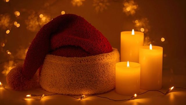 Cozy santa hat and lit candles creating warm holiday glow