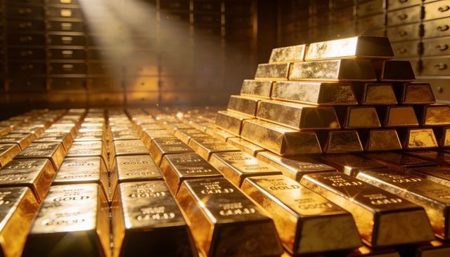 Stepped pyramid of stamped gold bars gleaming inside secure vault with warm reflections