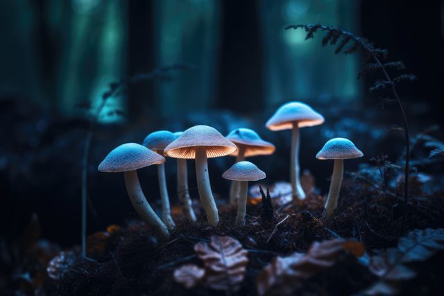 Close up of glowing mushrooms in forest created using generative ai technology. Mushrooms, magic and colours concept digitally generated image.