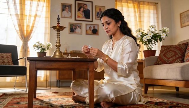 Indian woman inspecting heirloom jewelry beside brass oil lamp in sunlit living room