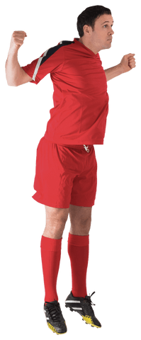 Energetic Football Player Jumping in Red Uniform Transparent Background