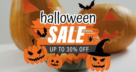 Halloween Sale Advertisement with Carved Pumpkins and Spooky Elements