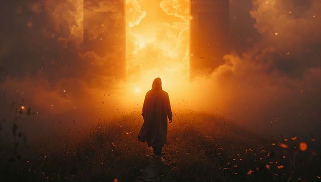 Walking cloaked figure approaching golden portal through misty meadow at sunset