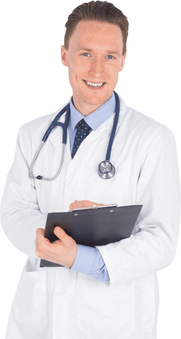 Transparent background smiling doctor holding clipboard