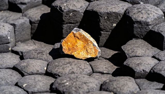 Rusty orange rock on hexagonal basalt columns contrasting dark volcanic texture