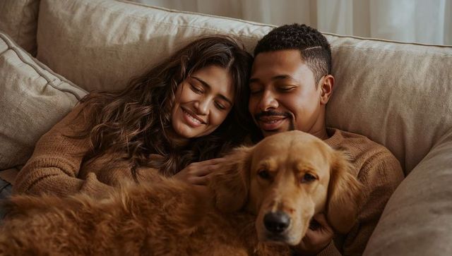 Cozy couple cuddling with golden retriever on beige sofa wearing brown knit sweaters
