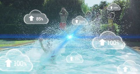 Energetic Pool Splash with Summer Vibes and Cloud Icons Overlay