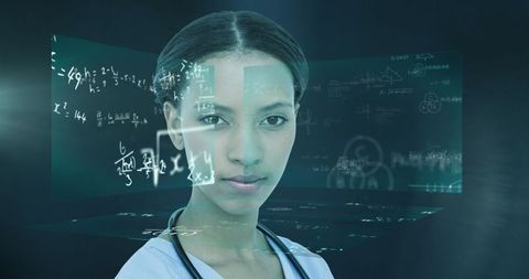 Medical Professional Analyzing Data on Futuristic Holographic Display