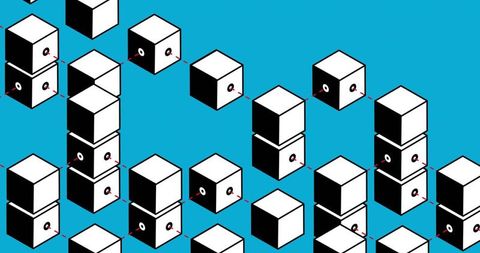 Isometric cubes pattern with stacked modules and red port connectors on cyan background